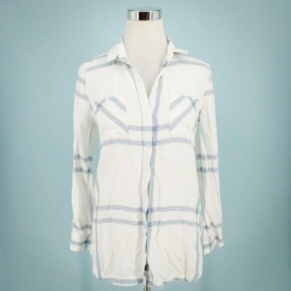 Barbour Size 4 White Blue Plaid Print Collared Button Linen Blend Top Blouse - Picture 1 of 7